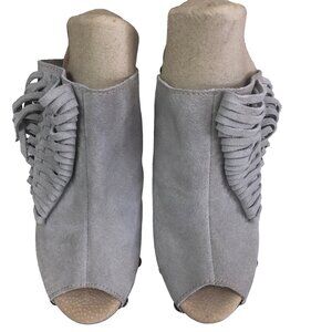 Sbicca Gray Suede Peep-Toe Fringe Wedge Sandals 5” Wooden Heel Size 10 M Boho